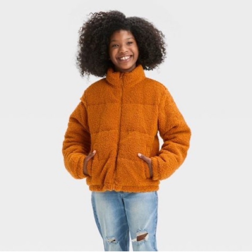 Art Class Orange Sherpa Teddy Jacket Girls L Cozy Zip Up Coat EUC